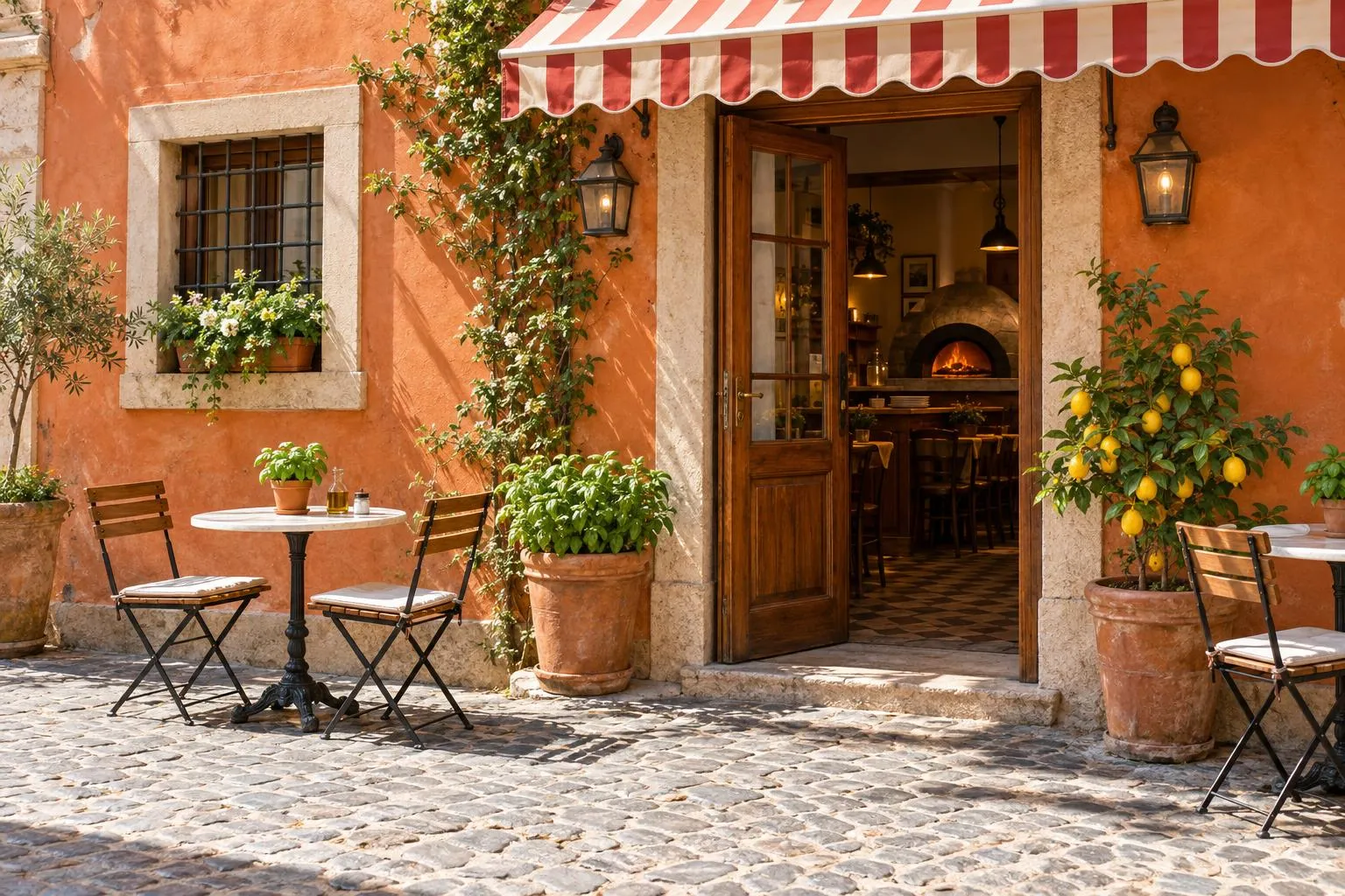 The front of a pizzeria with its door open